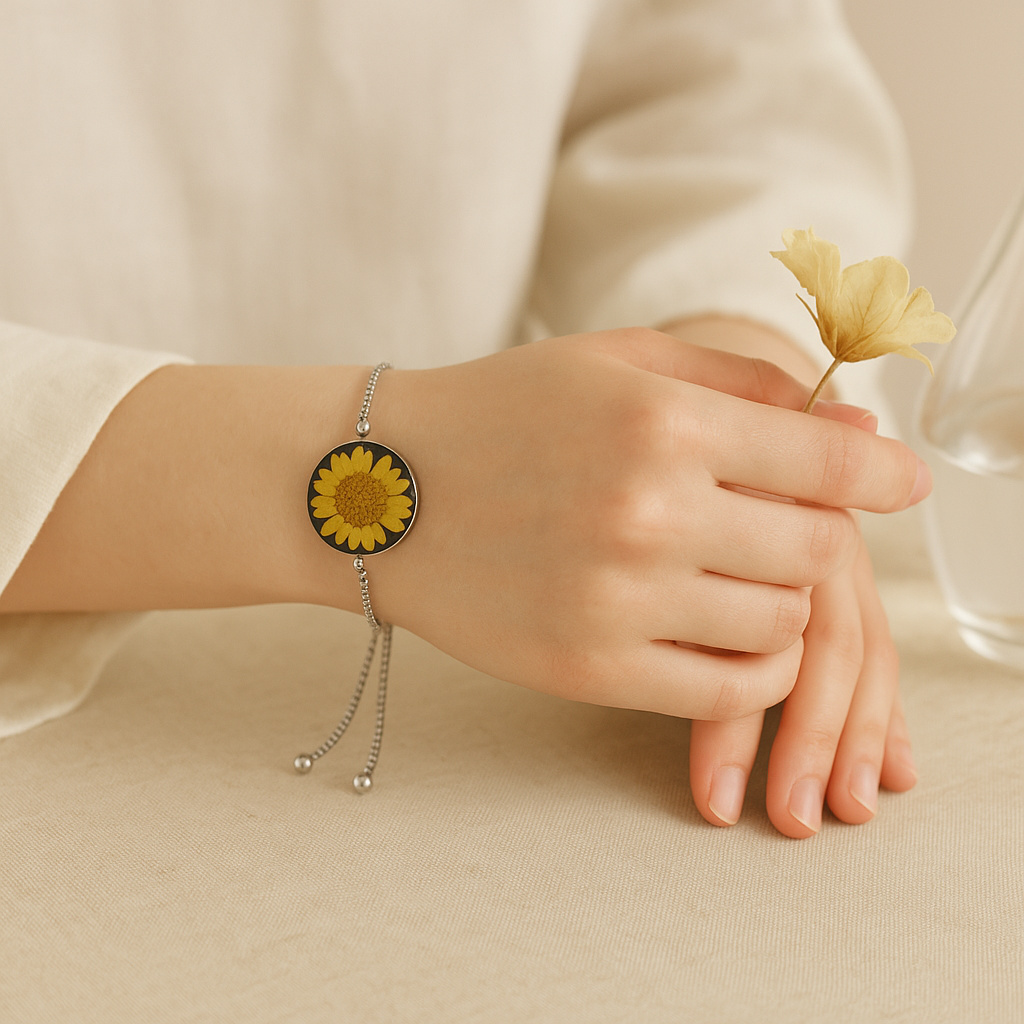 Yellow flower bracelet against a black background