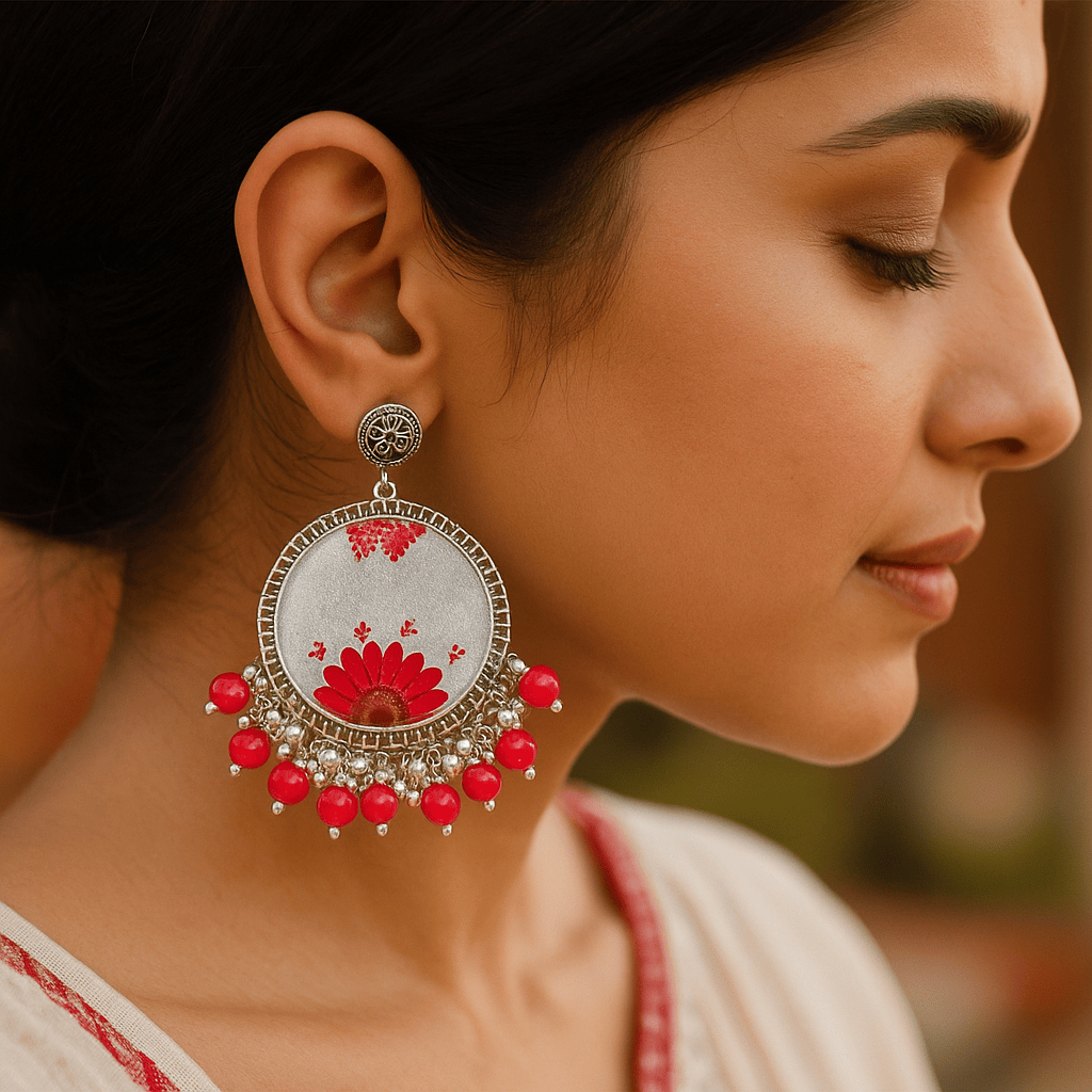 Close-up of a woman wearing handcrafted red floral resin earrings with silver frame and bead detailing – boho ethnic statement jewelry for women